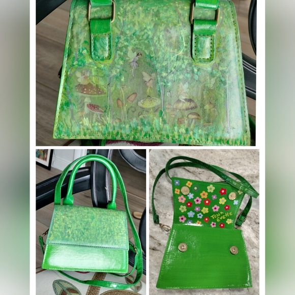Hand Crafted Handbags - Fairy purse with flowery reveal tiny green handbag crossbody with handle 6x3x5